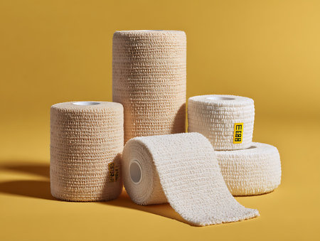 Bandage roll isolated on yellow background. Medical bandage roll.の写真素材