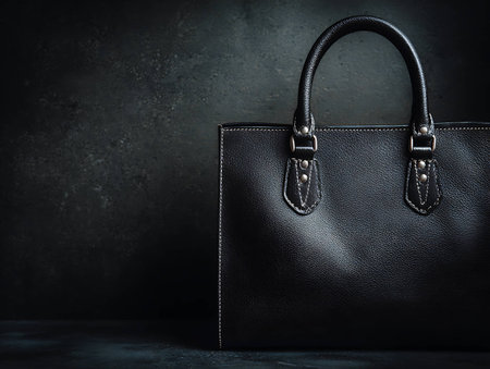 Black leather handbag on dark background. Copy space for text.の写真素材