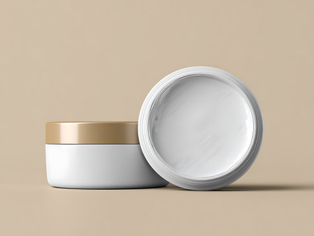 Blank white cosmetic jar mockup on beige background. 3d renderingの写真素材