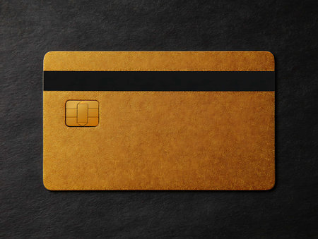 Golden credit card on black background. 3d illustration. Top view.の写真素材