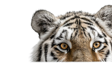 Close up of a tiger looking through a white banner isolated on whiteの写真素材