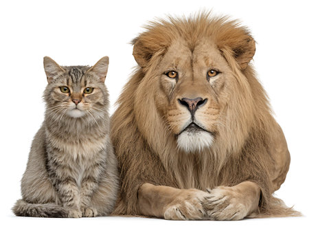 Lion and cat, Panthera leo, in front of white backgroundの写真素材
