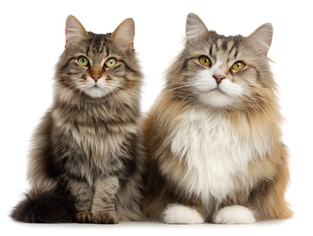 Maine Coon cat and Persian cat in front of white backgroundの写真素材