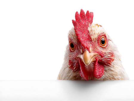 Rooster peeking out from behind a white board isolated on white backgroundの写真素材