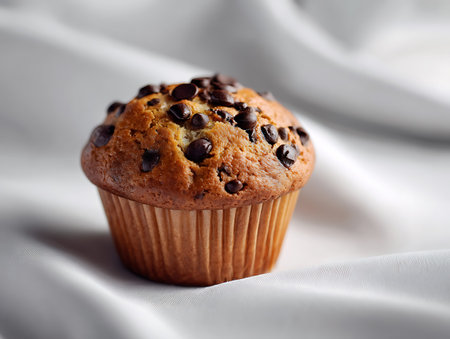 Chocolate muffin with chocolate chips on a white satin backgroundの写真素材