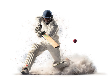 Cricket player in action isolated on white background with clipping pathの写真素材