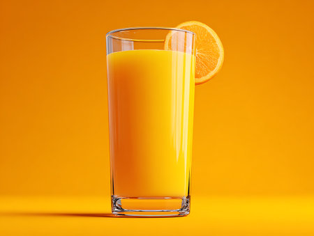Glass of fresh orange juice with slice of orange on orange background.の写真素材