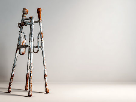Old rusty crutches on a gray background. 3d renderingの写真素材