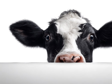 Cute black and white cow isolated on white background with copy spaceの写真素材