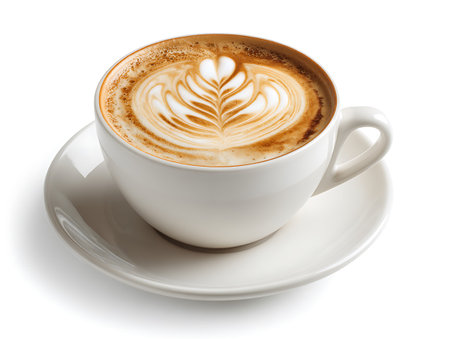 Cup of cappuccino with latte art on white backgroundの写真素材