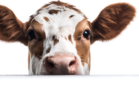 Close-up portrait of a young cow isolated on a white backgroundの写真素材