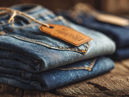 Jeans with label on wooden background. Closeup of jeans.の写真素材