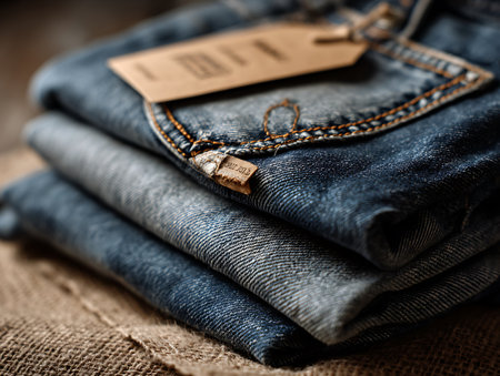 Stack of jeans with label on sackcloth. Selective focus.の写真素材