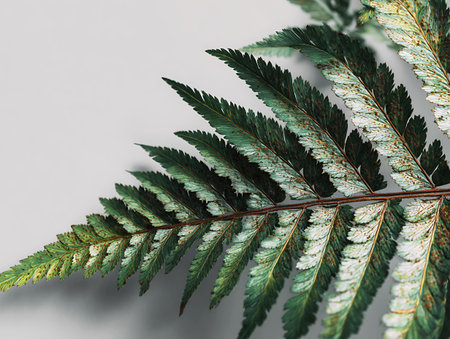 Fern leaves on gray background. Flat lay, top view.の写真素材