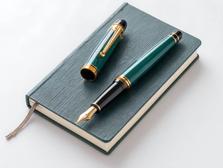 Fountain pen on book isolated on white background, vintage style.の写真素材
