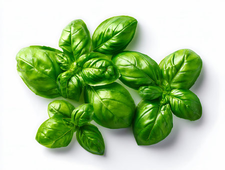 Fresh basil leaves on white background. Top view. Flat lay.の写真素材