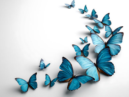 Many blue butterflies flying in the air on white background. 3D illustrationの写真素材