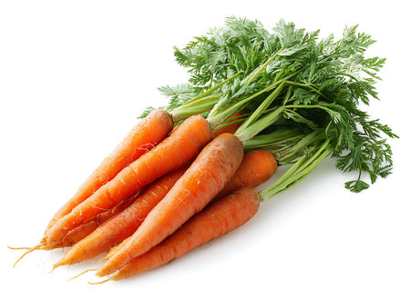 Bunch of fresh carrots with green leaves isolated on white background.の写真素材