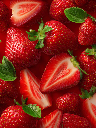 Strawberries with green leaves on a red background. Top view.の写真素材