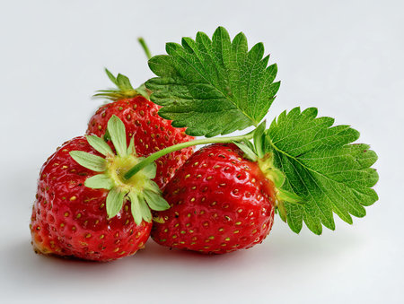 Strawberries with leaves on a white background, close-upの写真素材