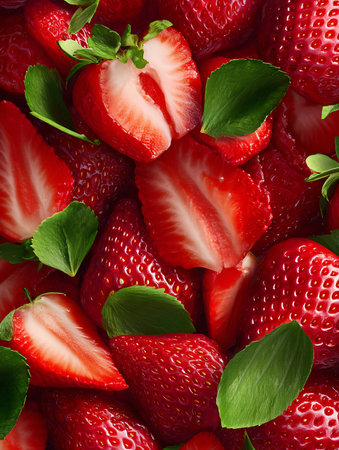 Strawberry background with green leaves. Top view. Close up.の写真素材