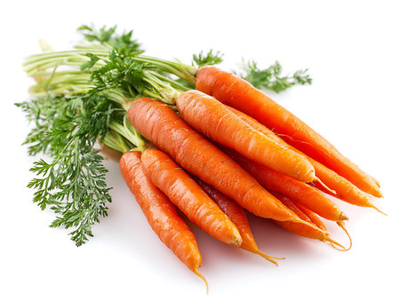 Bunch of fresh carrots with green leaves isolated on white background.の写真素材