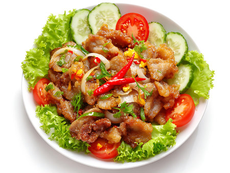 Thai food,Fried pork with fresh vegetable on white backgroundの写真素材