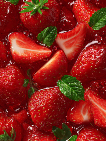 Strawberries with mint, close-up, top view.の写真素材