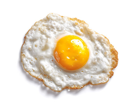 Fried egg isolated on white background, top view. Healthy breakfastの写真素材