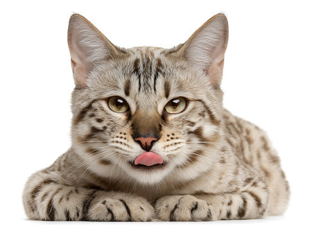 Bengal cat, Felis catus, lying in front of white backgroundの写真素材