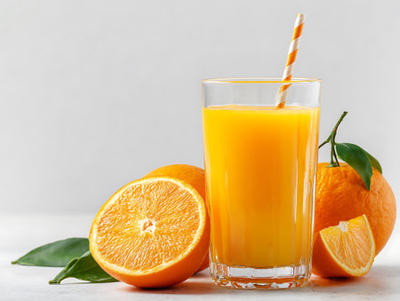 Glass of fresh orange juice and ripe fruits on a light background.の写真素材