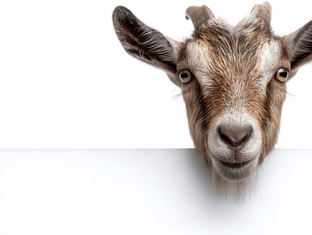 Portrait of a goat with a blank banner on a white backgroundの写真素材