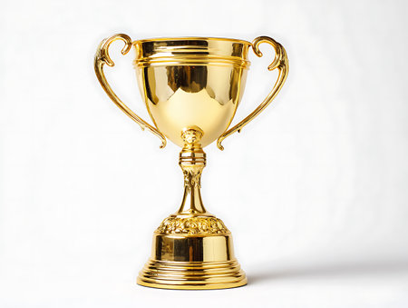 Gold trophy cup isolated on white background. 3d render illustration.の写真素材