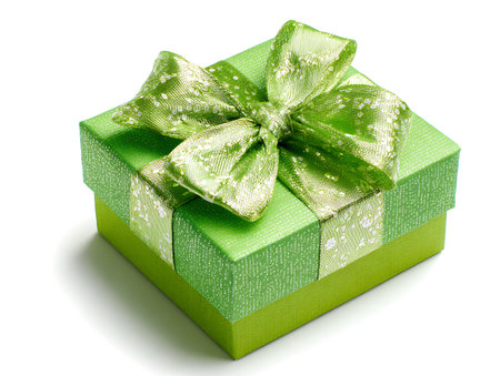 Green gift box with bow isolated on white background. Clipping Pathの写真素材