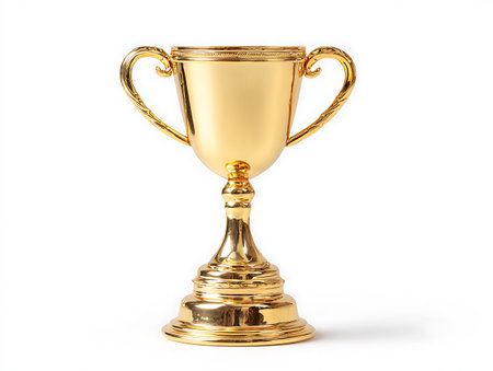 Golden trophy cup isolated on white background. 3d render illustration.の写真素材