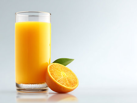 Glass of fresh orange juice with slice of orange on light background.の写真素材