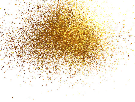 Gold glitter texture isolated on white background. Golden explosion of confetti.の写真素材