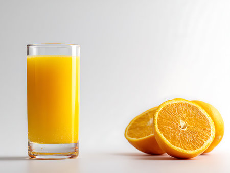 Glass of fresh orange juice and two halves of orange on white backgroundの写真素材