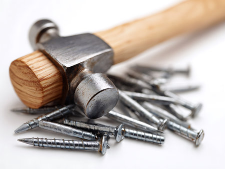 Hammer and nails on a white background. Close-up.の写真素材