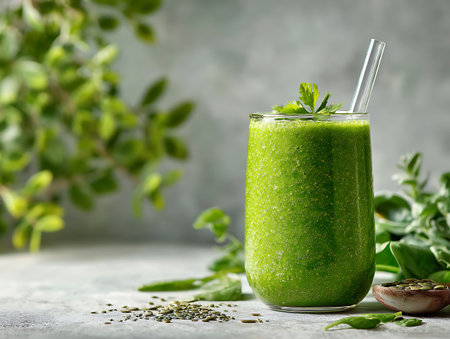 Healthy green smoothie with chia seeds in a glass on a gray background.の写真素材