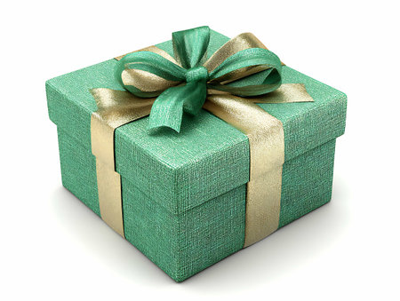 Green gift box with gold bow. Isolated on white background.の写真素材