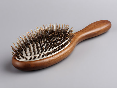 Wooden hairbrush on a gray background. 3d illustration.の写真素材