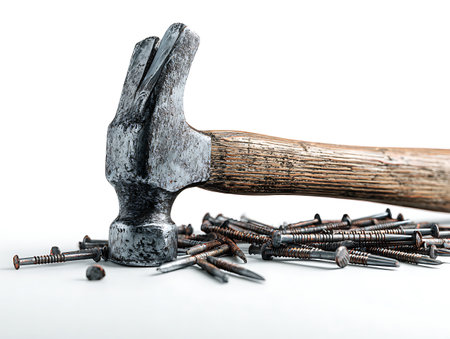 Hammer and nails on a white background. 3d illustration.の写真素材
