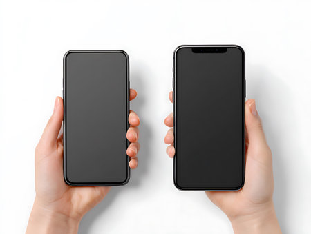 Two hands holding smartphones with blank screen on white background, top viewの写真素材