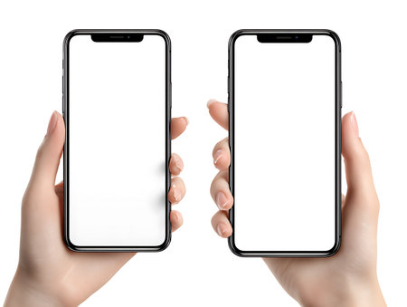 Two hands holding smartphones with blank screens. Isolated on white background.の写真素材