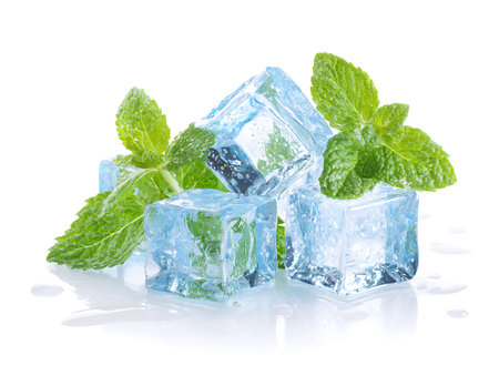 Ice cubes with mint leaves isolated on white background. Mint ice cubes.の写真素材