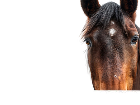 Close up of a horse head on white background with copy space.の写真素材