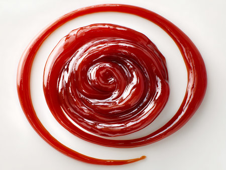 Ketchup in a bowl on a white background. Top view.の写真素材