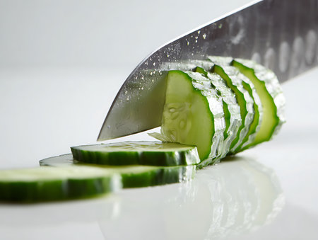 Sliced cucumber and knife on a white reflective surface.の写真素材