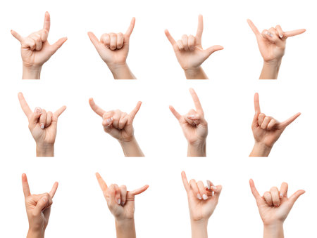 Set of female hands showing different gestures on white background. Banner designの写真素材
